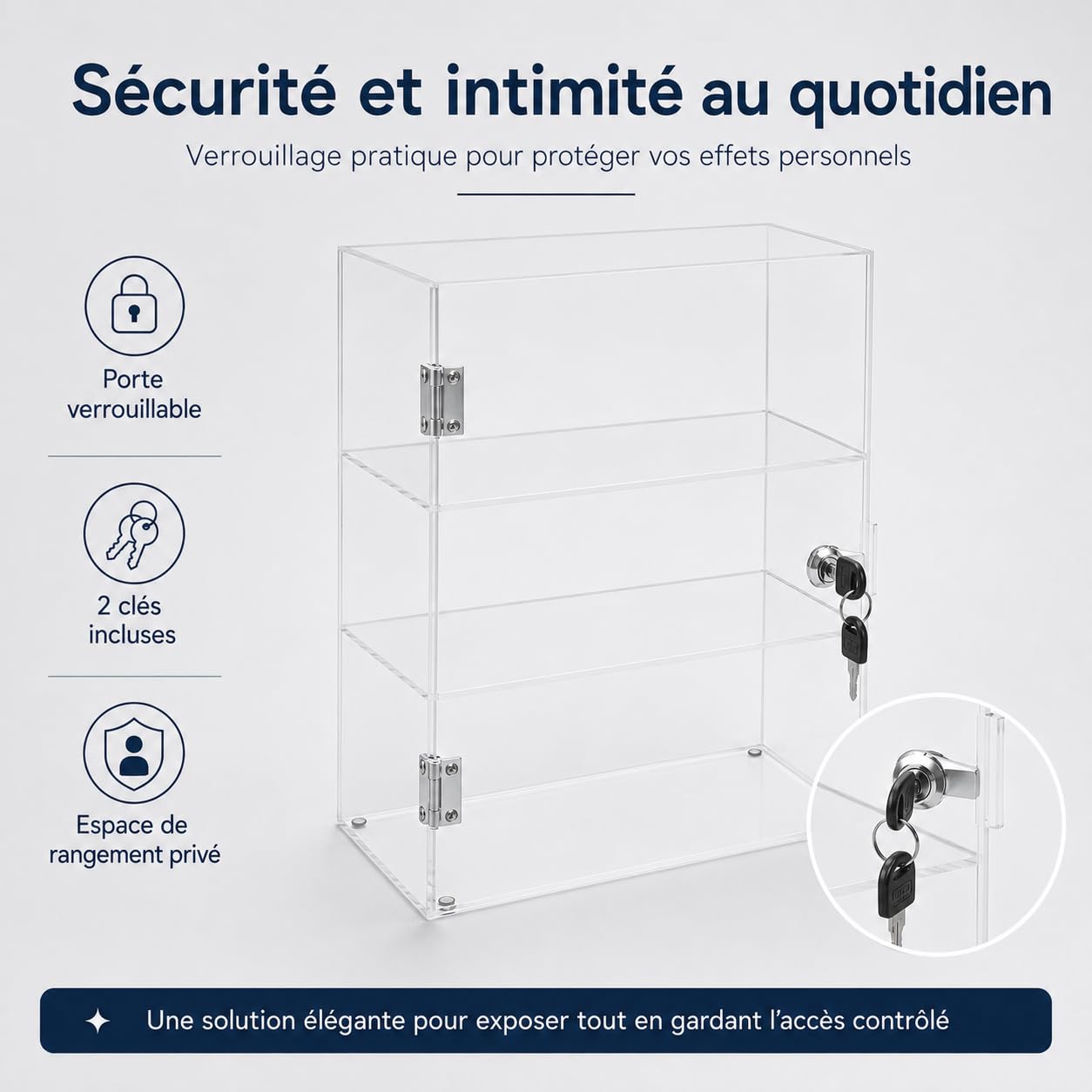 Vitrine de présentation verrouillable à 3 niveaux en acrylique, avec serrure, transparent, support d'exposition pour la maison, bureau, magasin, exposition, pièces de collection