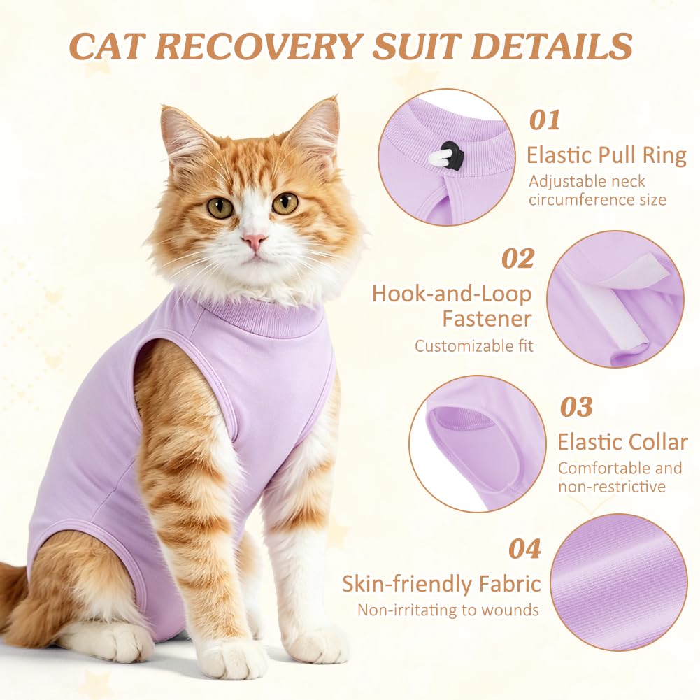 OFFCUP Combinaison de Récupération, 2 PCS Body Chat Post Operatoire, Gilet de Récupération de Chat Femelle Male, Protection Contre Le Léchage Convient Plaies Abdominales ou Maladies de Peau, Violet/S