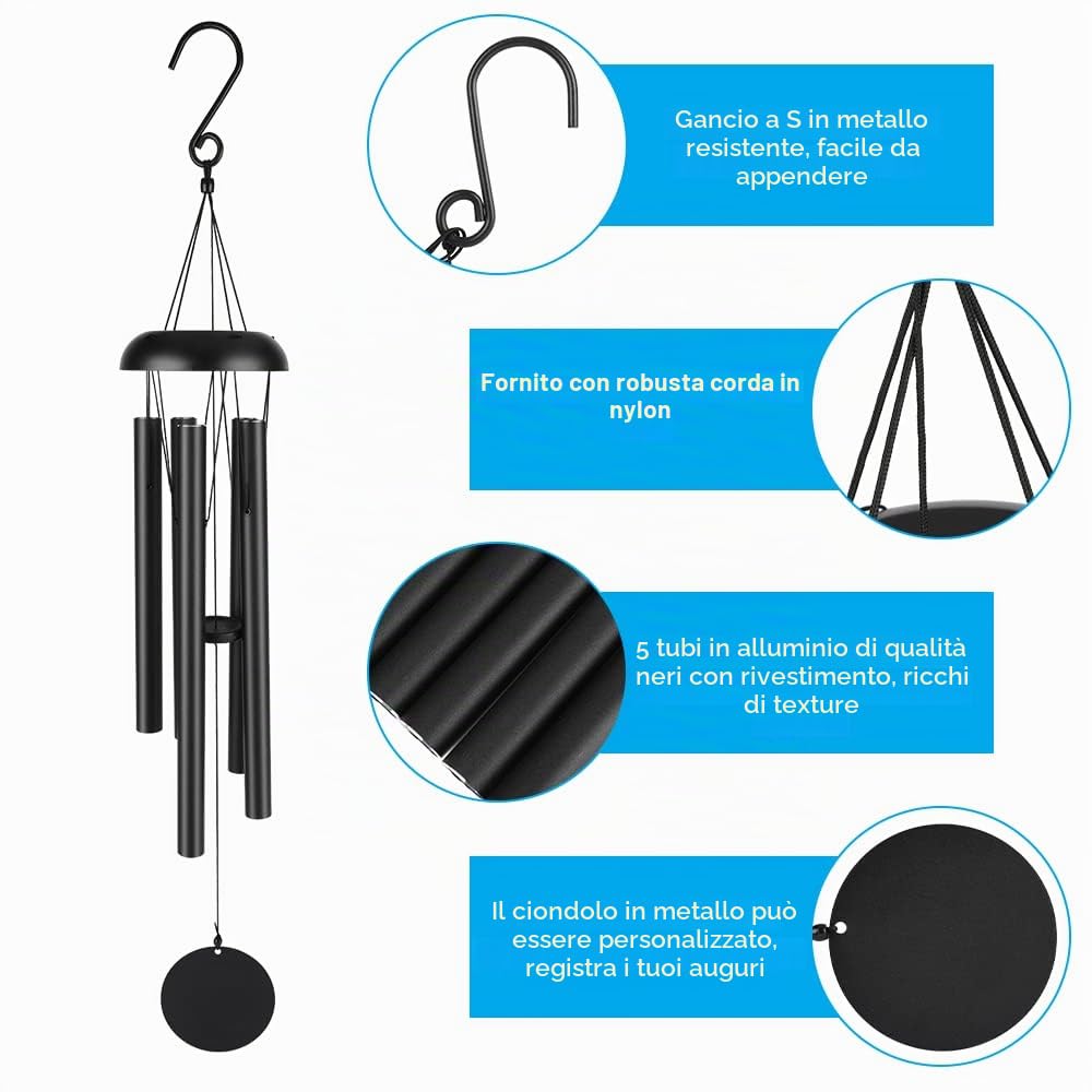 Victop campanelli eolici per esterni, campanelli eolici commemorativi da 80cm, 5 tubi cavi in alluminio, piacevole melodia, decorazioni classiche retrò (Nero)