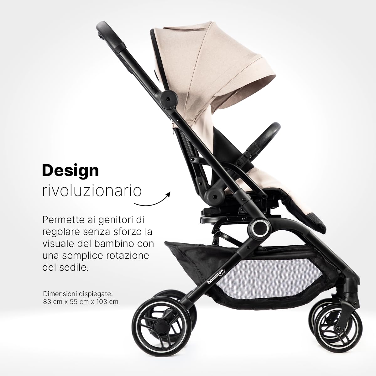 Hamilton by Yoop T1 Buggy - Seduta girevole a 360° - Tecnologia MagicFold™ - Pieghevole - Ruote riflettenti con sospensioni - Include borsa protettiva e portabicchieri - Passeggino regolabile - Cachi