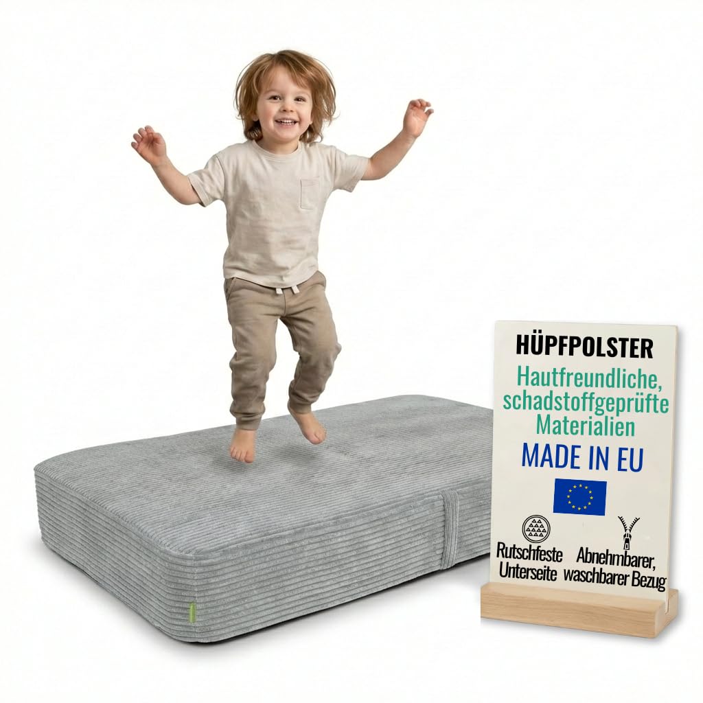Hüpfpolster für Kinder Indoor | Hüpfkissen 70x110x17 cm mit Federn & Schaumstoff | Kindertrampolin für Zuhause | Hüpfmatte mit abnehmbarem Cordbezug | Trampolin Indoor Kinder | Hellgrau