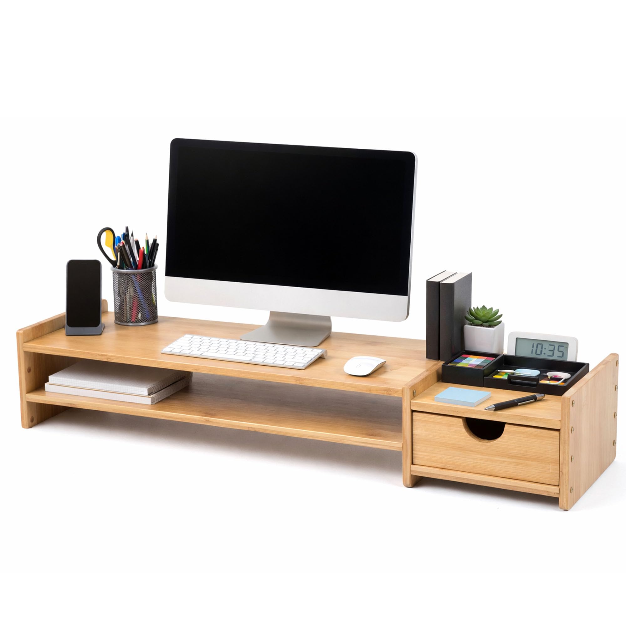 Supporto per monitor da scrivania in bambù con 2 ripiani e cassetti, organizer regolabile per computer, stampante, cellulare in ufficio, casa, riduce la tensione del collo e degli occhi (base)