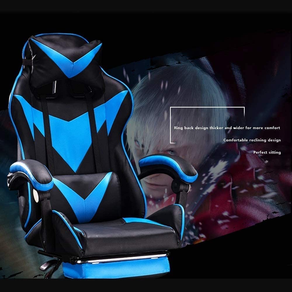 krzesło biurowe E-sport Krzesło Ergonomiczne krzesło do gier Styl wyścigowy Krzesło do gier Podnóżek Wysokie oparcie Krzesło komputerowe ze skóry PU Krzesło biurowe (kolor: czarny niebieski) needed