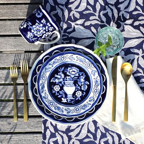 Euro Ceramica Blue Garden 16 Piece Oven Safe Hand Painted Stoneware Dinnerware Set, Service for 4, Bold Vase Design/Floral Pattern, White and blue - Image 2