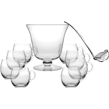 Glass 10 Piece Punch Bowl Set - Includes - 1 Punch Bowl - 1 Ladle - 8 Punch Cups - By Barski - Punch Bowl is 10.25" D - 210 oz - Ladle is 14" L - Punch Cup is 12 oz. - Made in Europe