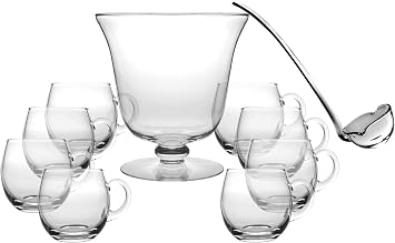 Barski Glass 10-Piece Punch Bowl Set - Includes Bowl, Ladle, 8 Cups - Bowl 10.25" D x 210 oz - Ladle 14" L - Cup 12 oz - Made in Europe