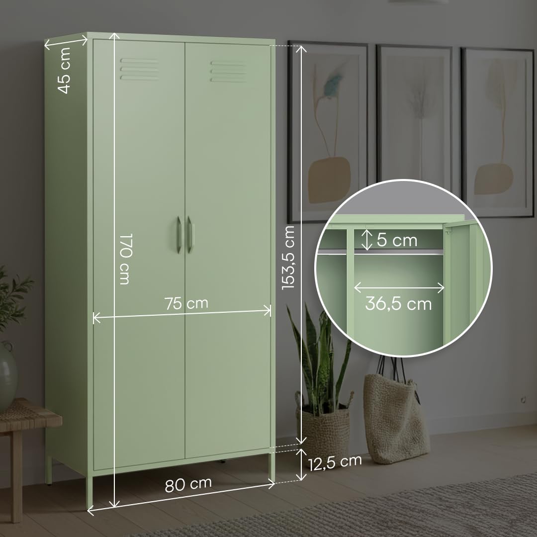 skølm Atria Kleiderschrank Metall – Metallschrank mit 6 Fächern & 2 Kleiderstangen – Garderobenschrank in Mintgrün – Metallkleiderschrank 80 cm breit – Schlafzimmerschrank – Industrial Schrank Flur