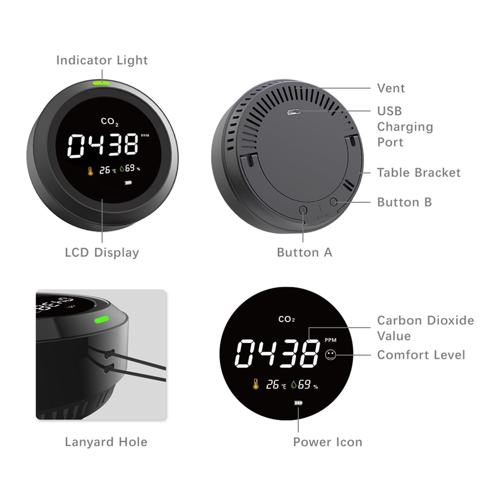Contador de partículas de aire Medidor de CO2, Sensor de CO2, Detector de CO2 multifuncional, electrodoméstico, carga USB, Monitor de calidad del aire, Analizador de calidad del aire Monitoreo de la c