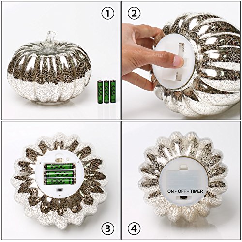Image of Romingo Mercury Glass Pumpkin Light with Timer for Halloween Pumpkin Decorations Fall and Thanksgiving Decor,Silver, 5.5 inches