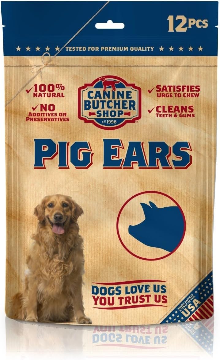 Canine Butcher Shop Pig Ears for Dogs Large Made in USA, Pig Ears Dog Treats, Large & Small Dogs, Aggressive Chewers, Dog Chews Long Lasting (12-Pack)
