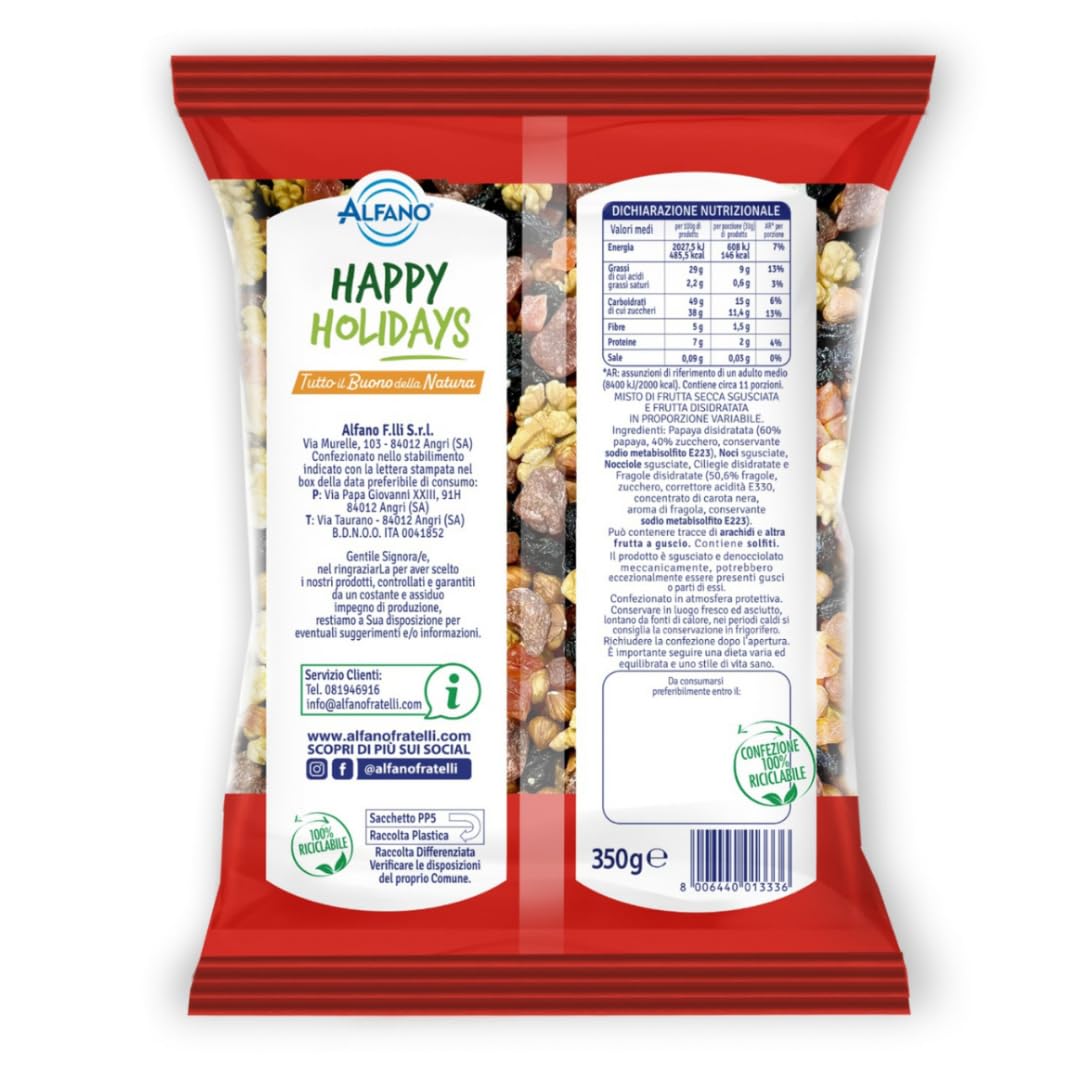 Alfano dal 1940 Misto Happy Holiday 350g Frutta Secca Nocciole, Noci, Ciliegie Disidratate, Fragole Disidratate e Papaya Disidratata (12 Pezzi)