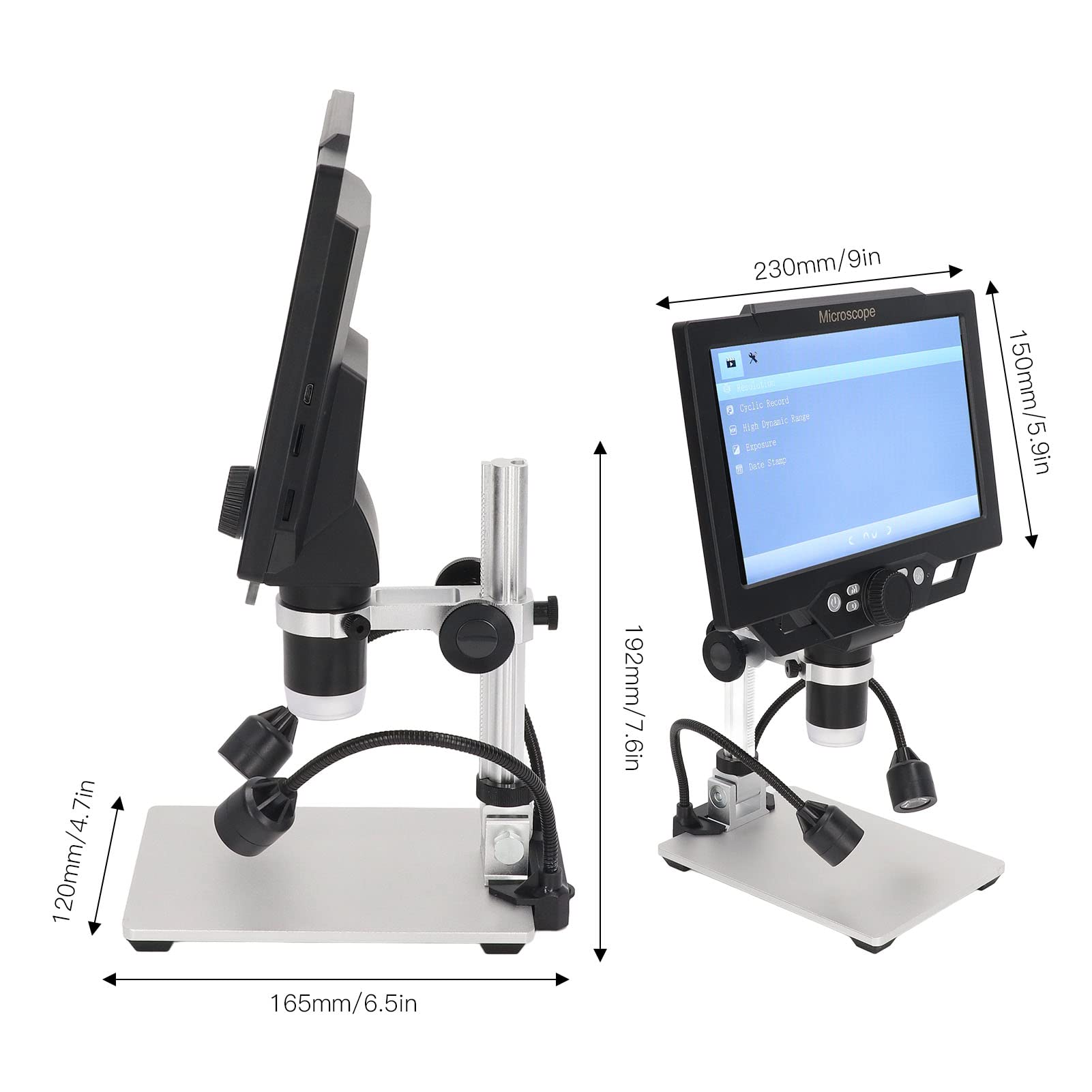 Fafeicy 9-Zoll-LCD-Digitalmikroskop 1600X 12MP 1080P USB-Mikroskop mit 8 LED-Leuchten, Verstellbarem Ständer, für die Münzlöt-PCB-Inspektion (EU-Stecker)
