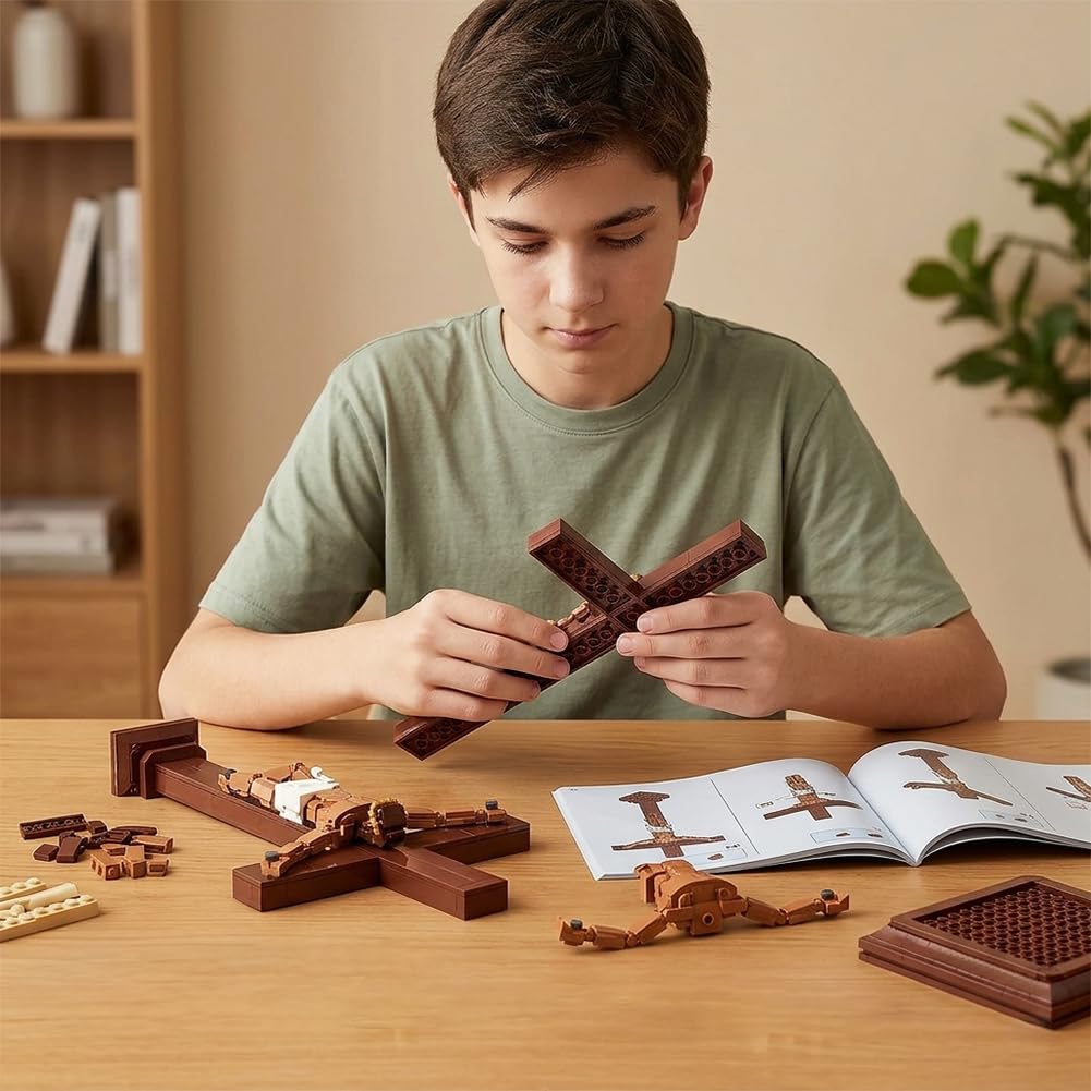 Set de piezas de construcción de la crucifixión de Jesús de 588 piezas, kit de construcción de modelo de cruz cristiana, juguete de construcción de figura religiosa para jóvenes y adultos, decoración