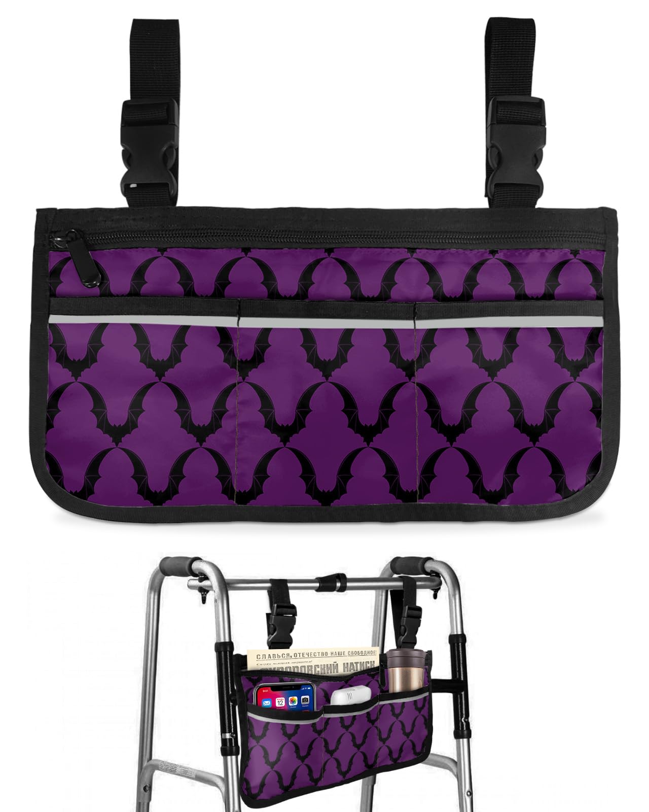 Halloween Bats Wheelchair Side Bag Walker Bag, Purple Black Horror Wheelchair Accessories Armrest Pouch, Organizer Storage Bag for Walkers, Rollators, Scooters, 7.3''x13''