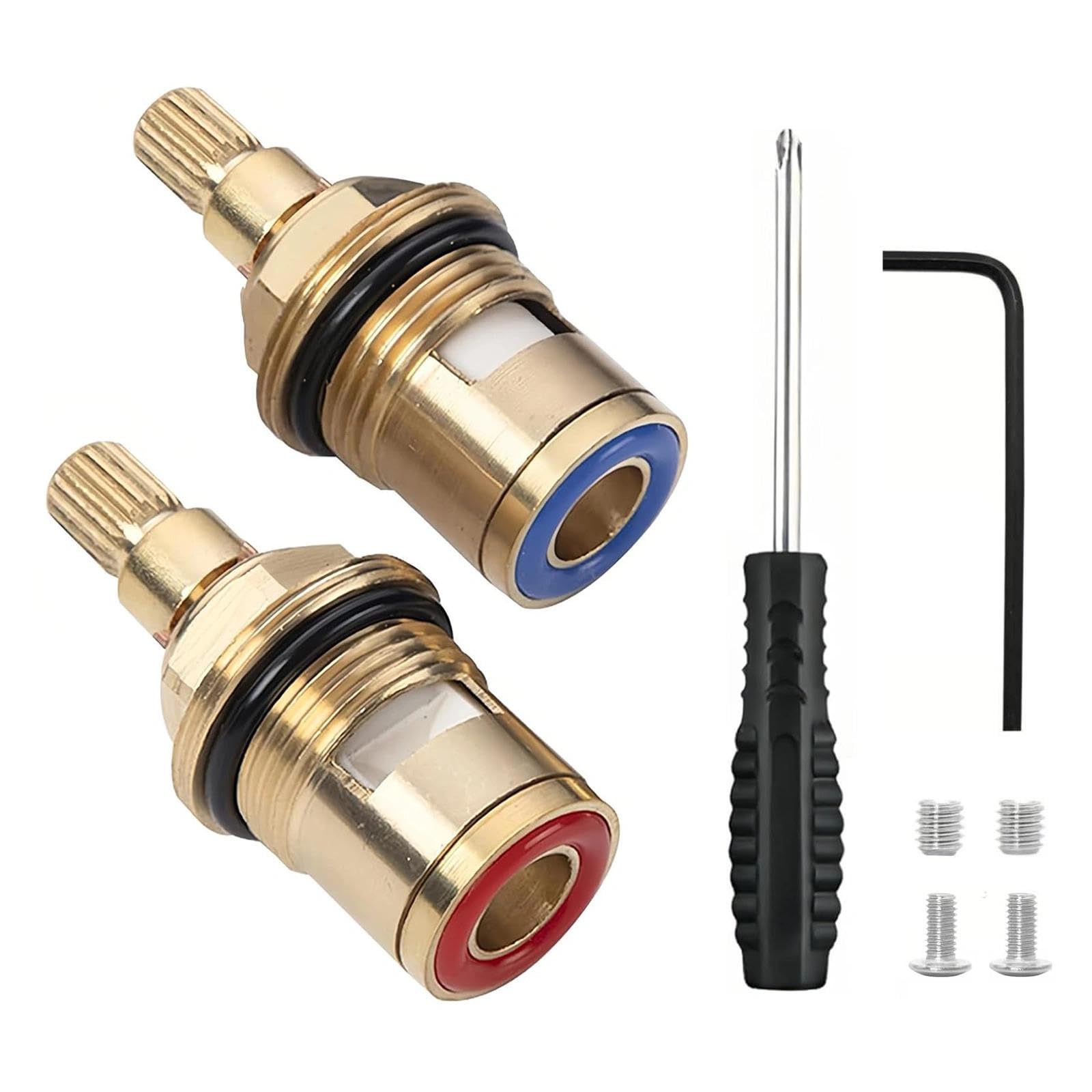 2 Pcs Mixer Tap Cartridge Replacement, 1/4 Turn Ceramic Disc Tap Valve with Screwdriver Wrench Tool Kit, Universal Brass Cartridge for Kitchen Bathroom Faucet Repair (Hot Cold)