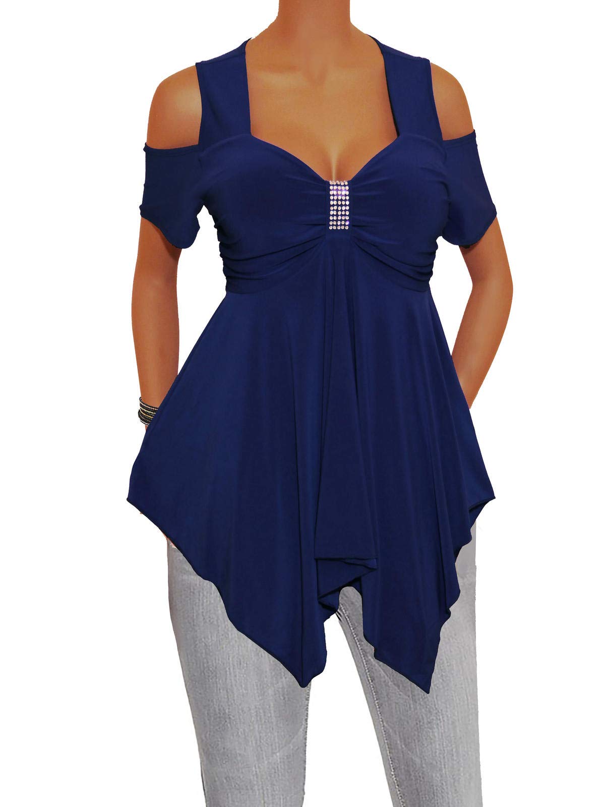 Funfash Women Plus Size Navy Blue Off Shoulders Blouse Top Shirt Made in USA
