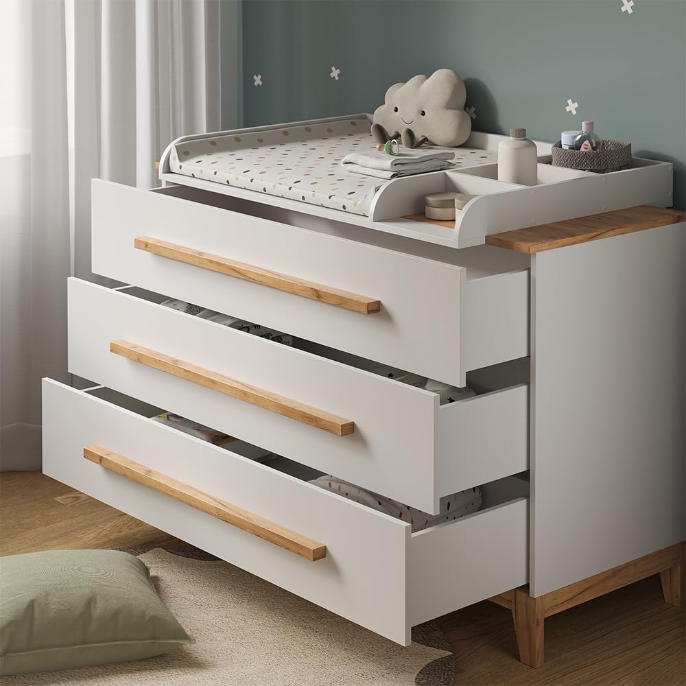 Vitalispa Przewijak "Malia", Biały/Artystyczny, 133.2 x 98 cm | z 3 szufladami, avec plan à langer amovible pour une utilisation comme commode