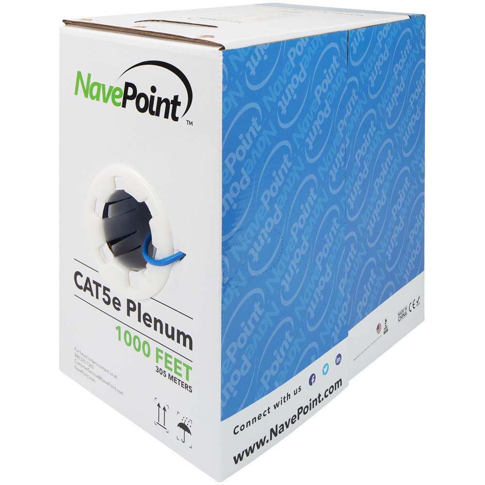 NavePointCat5e Plenum Jacket, 1000ft, Blue, Solid Bare Copper Bulk Ethernet Cable, 350MHz, 24AWG 4 Pair, Unshielded Twisted Pair (UTP)
