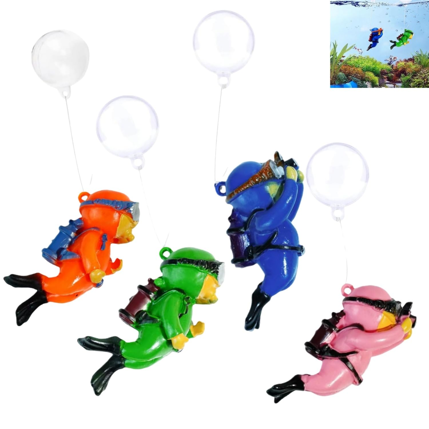 Zpeiran Cute Floating Diver Figurines with Balloons,4PCS Mini Aquarium Decorations, Fish Tank Ornaments & Floating Playmates for All Aquariums