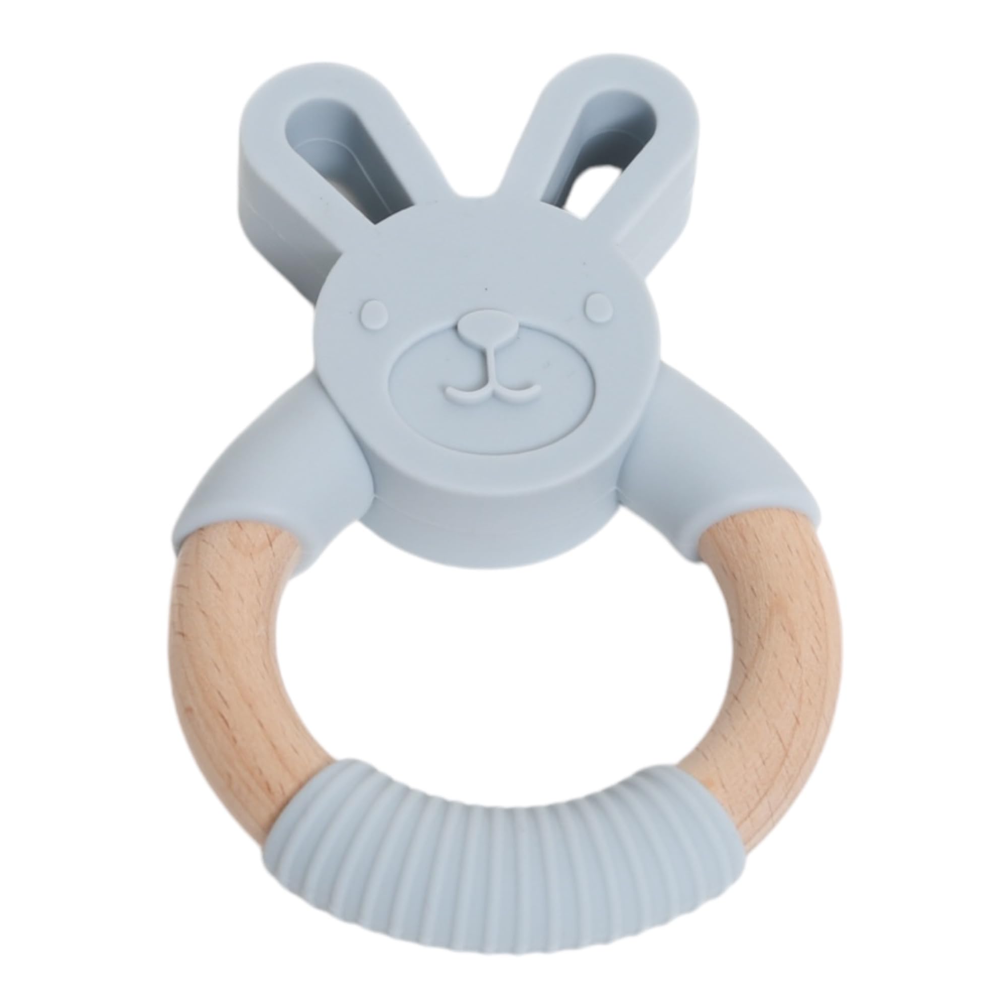 Personalised Silicone Bunny Teether, Teething Toy for Baby, Easy to Grip, Organic Beechwood, Food Grade Silicone, BPA Free, 4 Months Old+, 12 Colours Available, Babies First Easter Gift. (Light Grey)