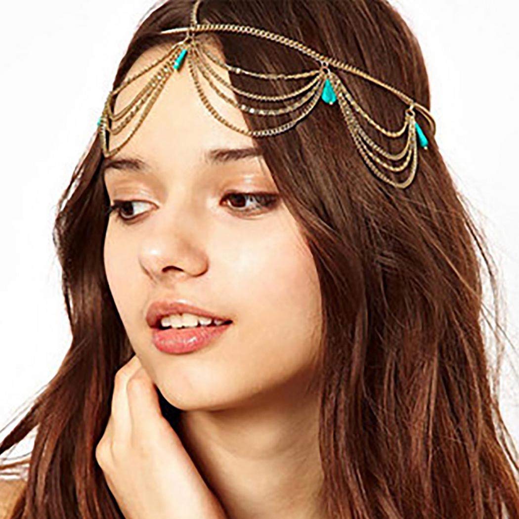 Edary Boho Turquoise Head Chain Gold Layered Headband Halloween Headpiece Weeding Hair Jewerly for Women and Bride