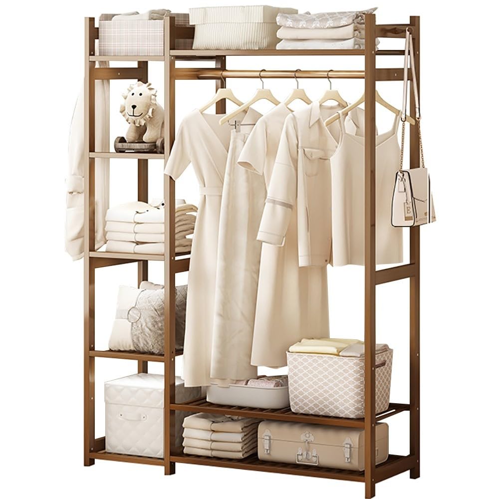 POLGDW Bamboo Coat Rack with 5 Shelves Free Standing for Bedroom Clothes Dresses Shoes & Hats Max Load 100kg Stylish Storage Solution.
