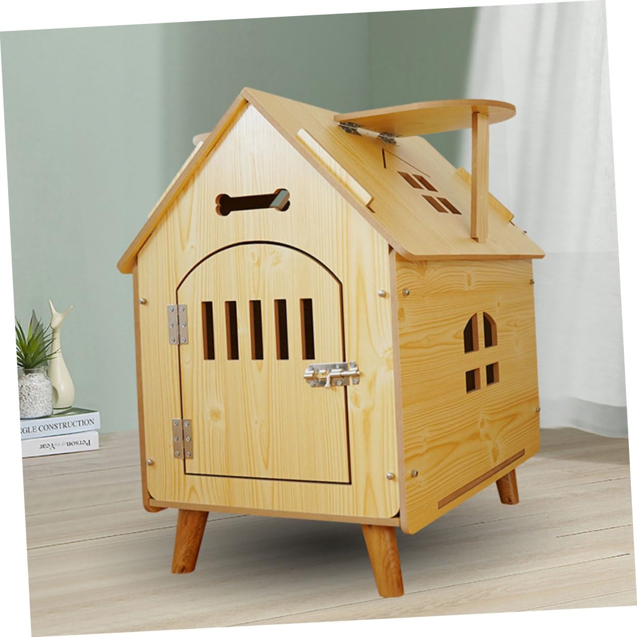 Luxshiny Wooden Dog House Dog Sleeping House Medium Size Outdoor Garden Shelter with Protective Fence Natural Wood Crate Suitable for Puppies