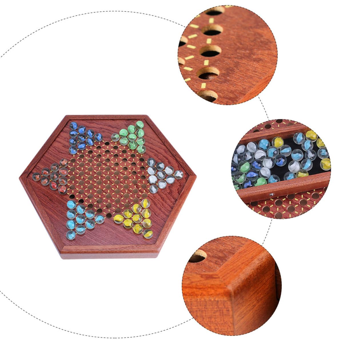 Jeu de Dames Chinoises avec Plateau Hexagonal et Tiroirs de Rangement Jeu de Stratégie Familial en Bois Marron et Filles pour Garçon pour Garçon et Filles et Adultes et Adultes