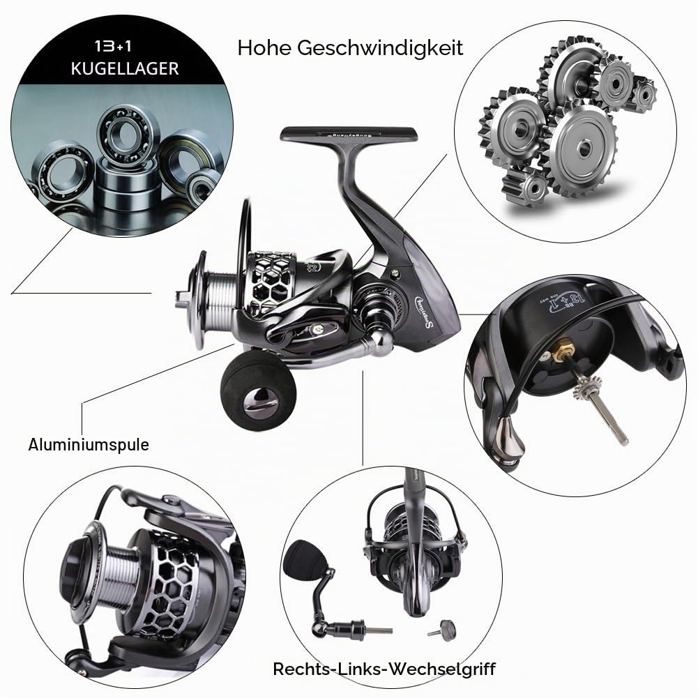 Sougayilang, Angelrolle 13+1 Kugellager – leicht, ultra-sanft, Aluminium-Spinnrolle mit zusätzlicher Graphit-Ersatzspule