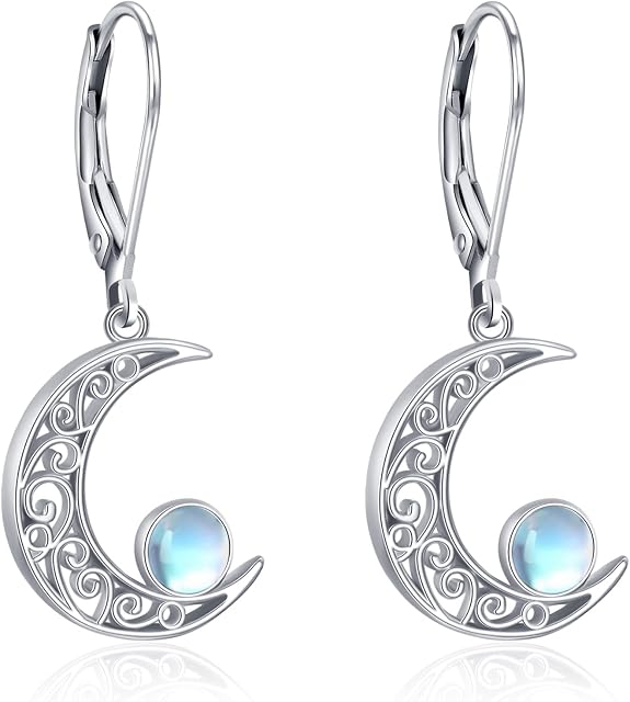 Moon Earrings 925 Sterling Silver Celtic Moon Dangle Drop Earrings Hypoallergenic Moonstone/Turquoise Leverback Earrings Celtic Moon Jewellery Gifts for Women Girls