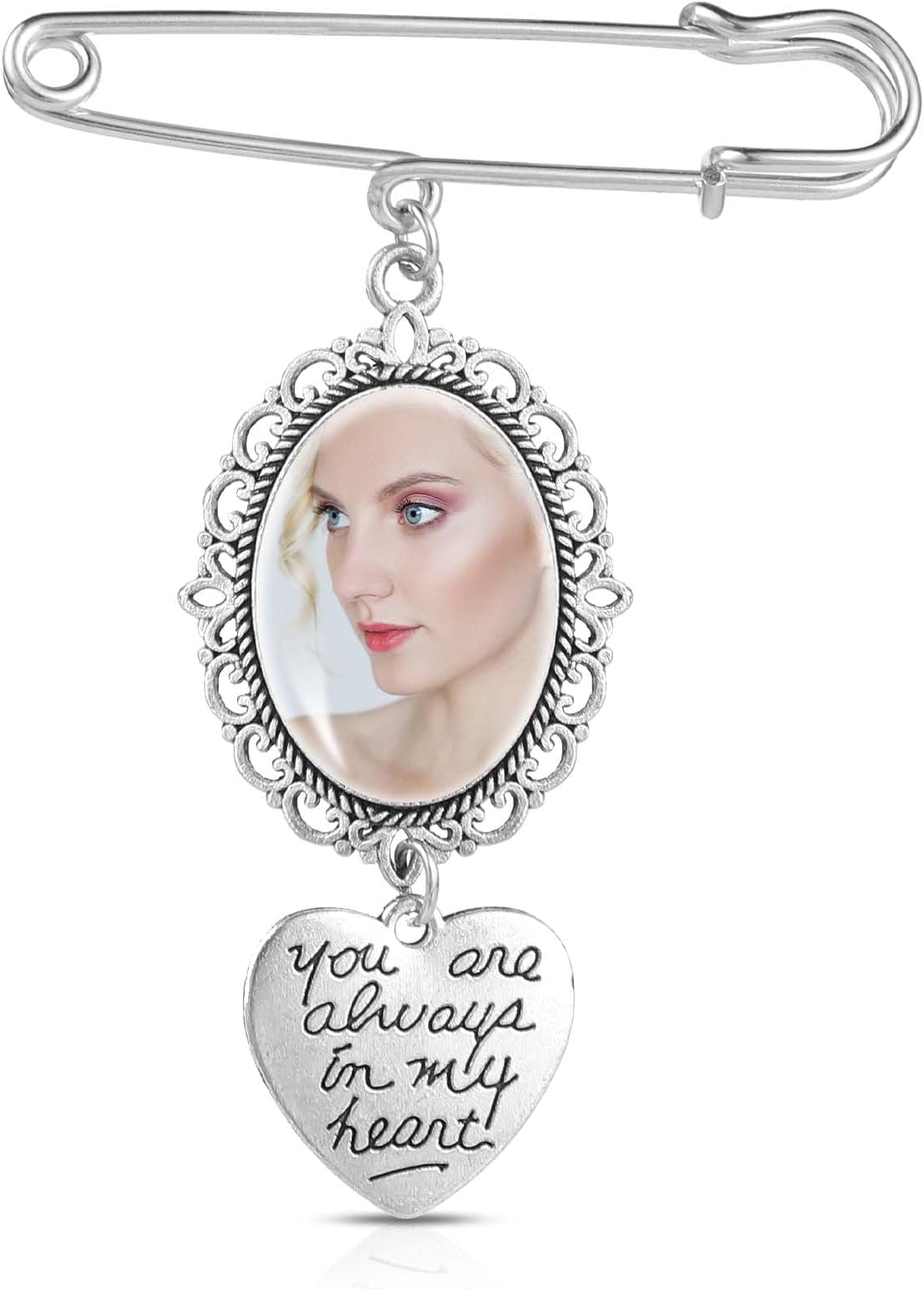 COMNICO Wedding Bouquet Photo Charm Lacy Frame Charm DIY Pin Brooch Making Kit Single Oval Glass Cabochons Picture Frame with Heart Pendant for Wedding Memory Funeral