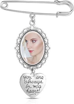 COMNICO Wedding Bouquet Photo Charm Lacy Frame Charm DIY Pin Brooch Making Kit Single Oval Glass Cabochons Picture Frame with Heart Pendant for Wedding Memory Funeral
