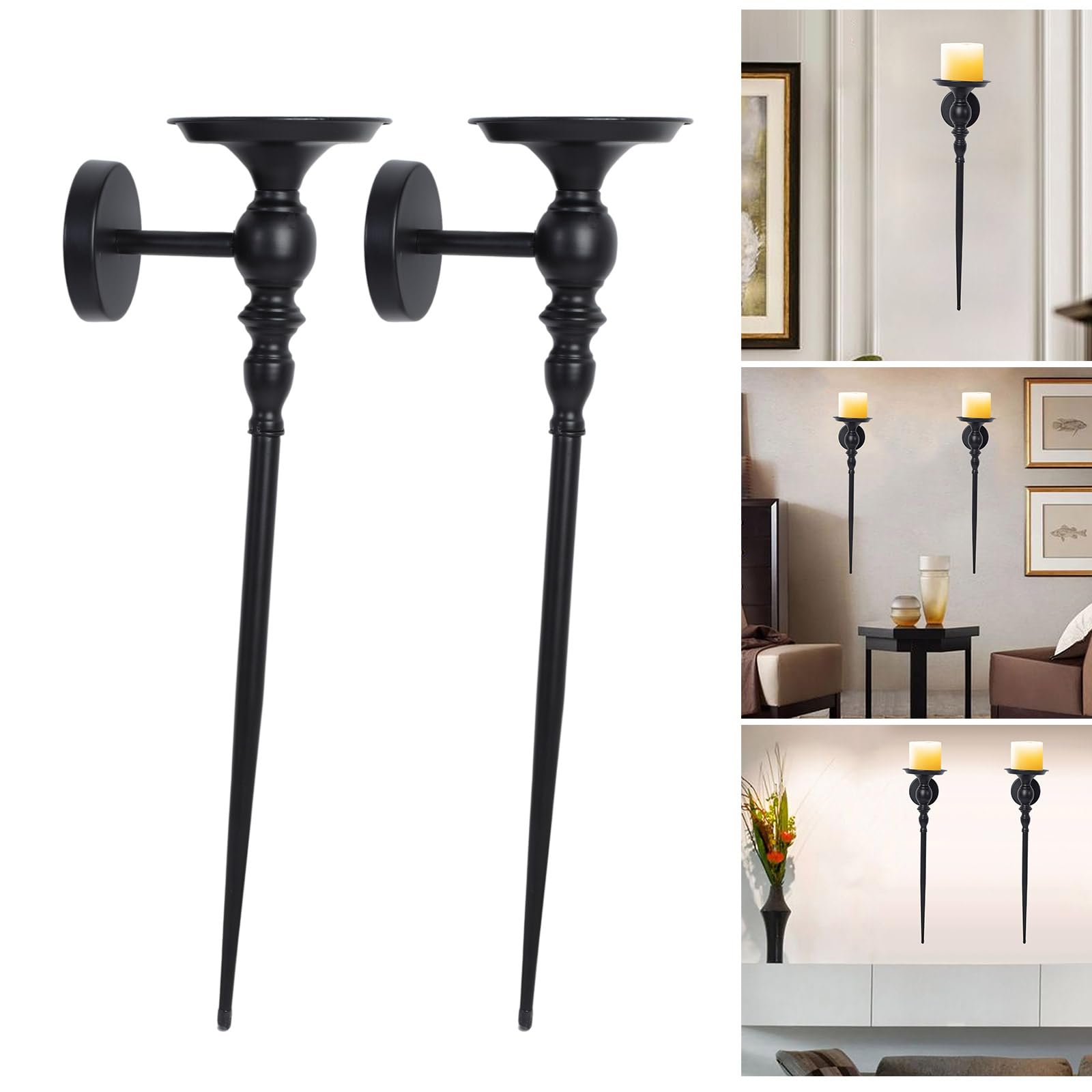 QIEIEI Set of 2 Elegant Large Wall Mounted Metal Candle Sconces for Home Decors Black Iron Hanging Candle Holder Candlestick