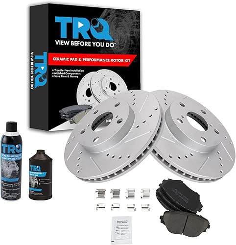TRQ Pastilla de freno de cerámica delantera y kit de rotor recubierto de rendimiento con productos químicos