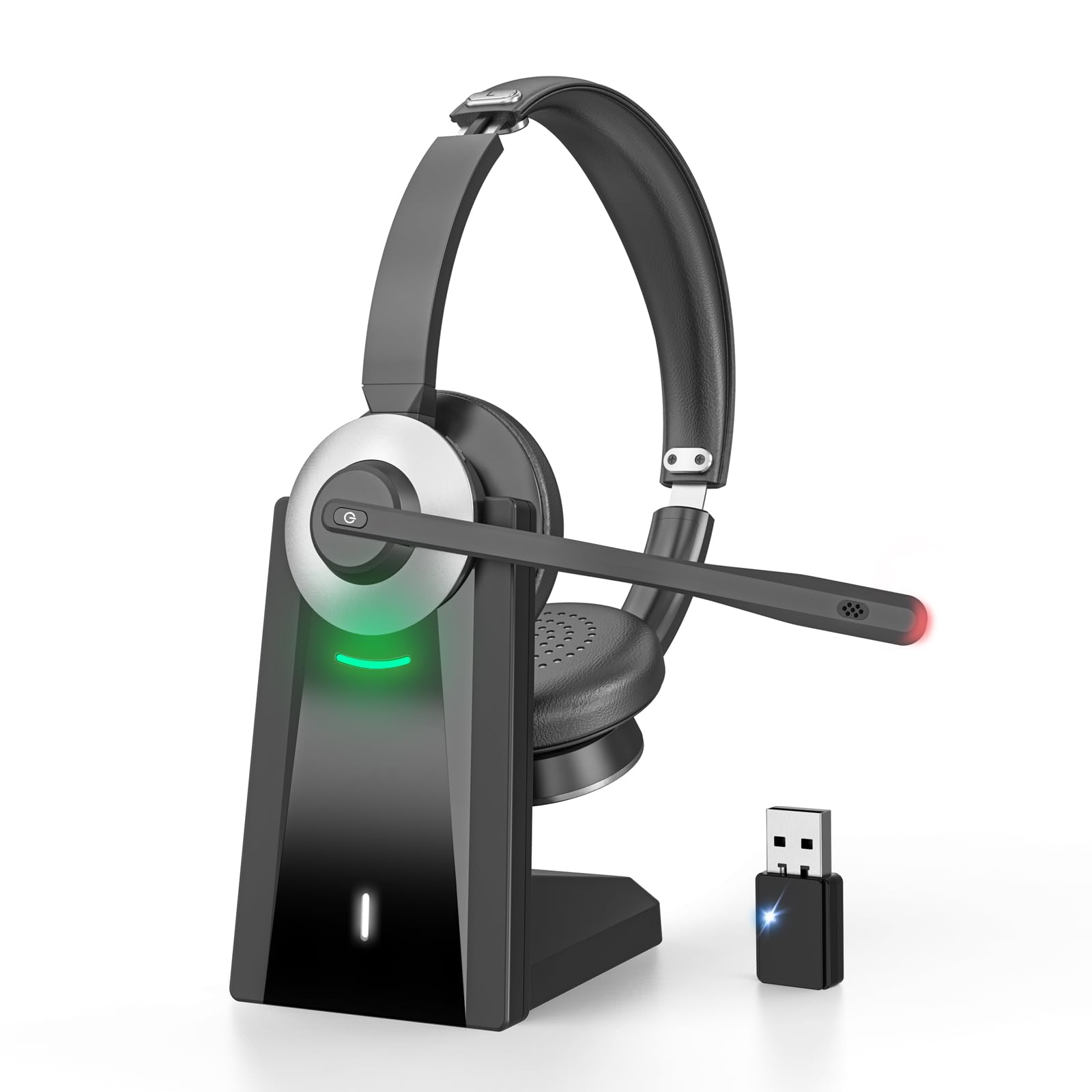 Headset Mit Mikrofon Kabellos, Bluetooth Headset mit Mikrofon, KI-Rauschunterdrückungs-Mikrofon & USB-Dongle, V6.0 Bluetooth-Headset mit Ladestation, Stummschaltung für PC/Handys/Call Center/Teams