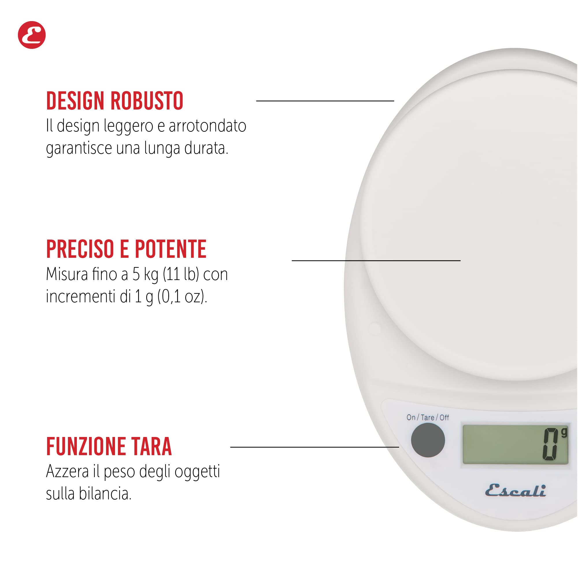 Escali P115W Bilancia Cucina Digitale Primo - Bilancia da Cucina, Perfetta per Pasticceria, Controllo Porzioni, Hobby - Capacità Massima di 5 kg - Bianco, 22 x 15 x 4 cm