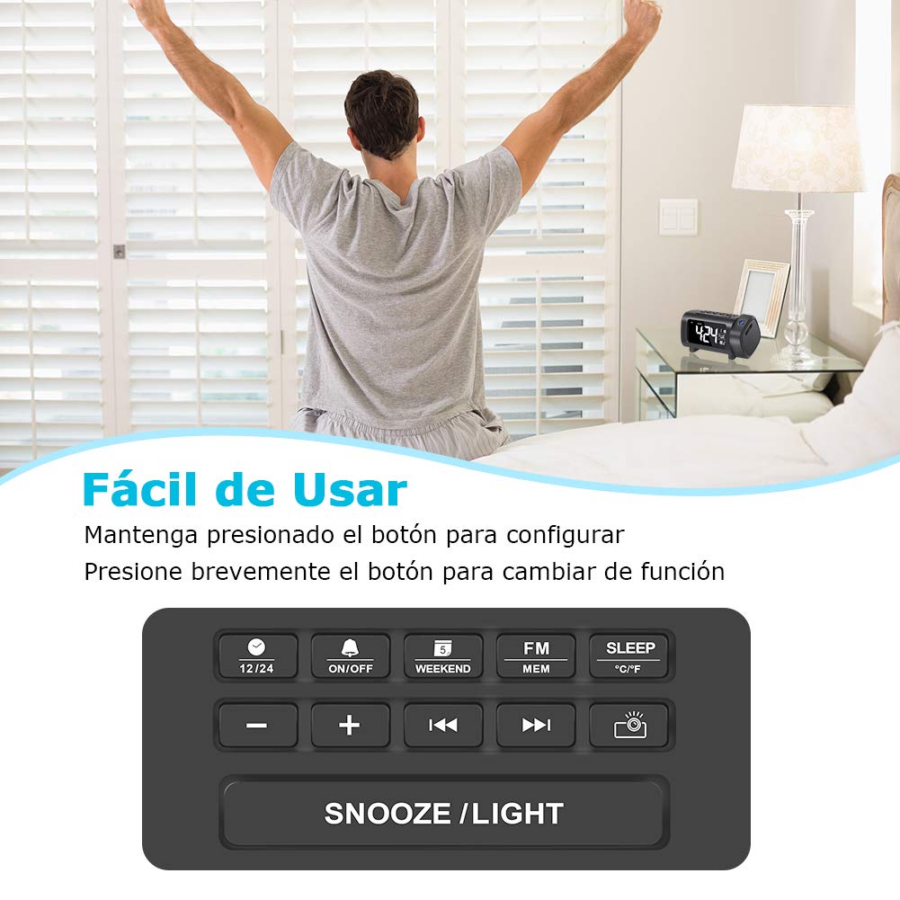 LIORQUE Radio Despertador Proyector, Reloj Despertador Digital con Gran VA Pantalla, Radio Reloj FM, C°/F°, 12/24 H, DST, 4 Niveles de Brillos, USB, Despertador Digital 180° con Función de Memoria