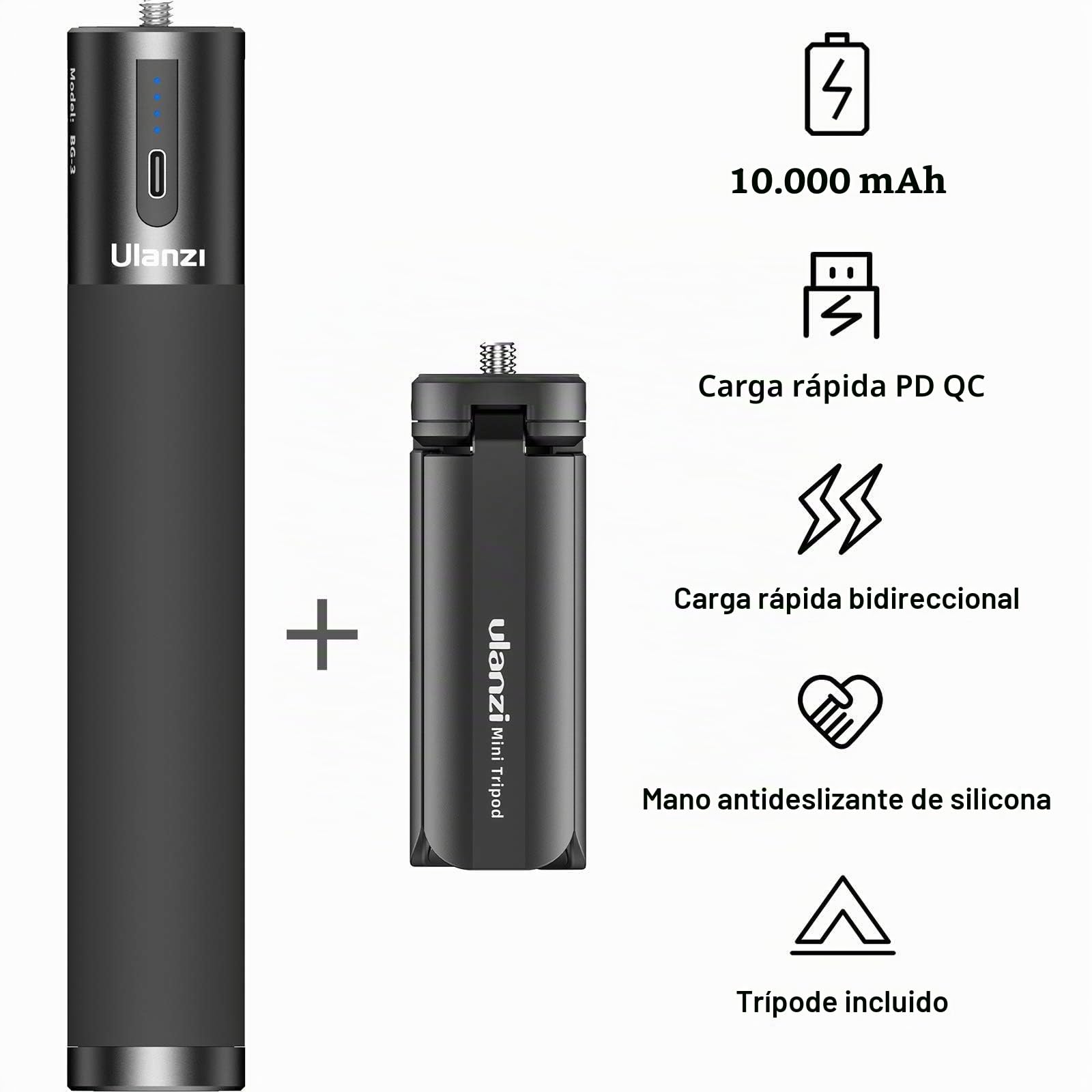 ULANZI BG-3 10000mAh Empuñadura con Batería, Batería Grip para Cámaras de Acción, Batería Externa Power Bank con Mini Trípode para Vlogging Cámara Live Streaming Filmmaking