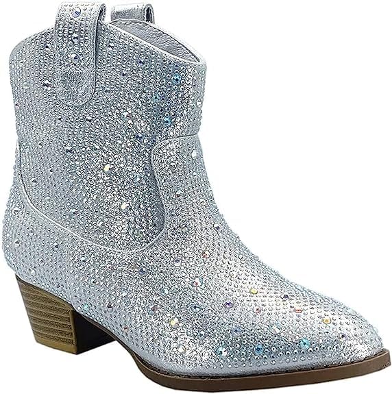 Forever Girls Rhinestone Cowboy Boots Kids Low Heel Dress Booties River-01K Silver 124