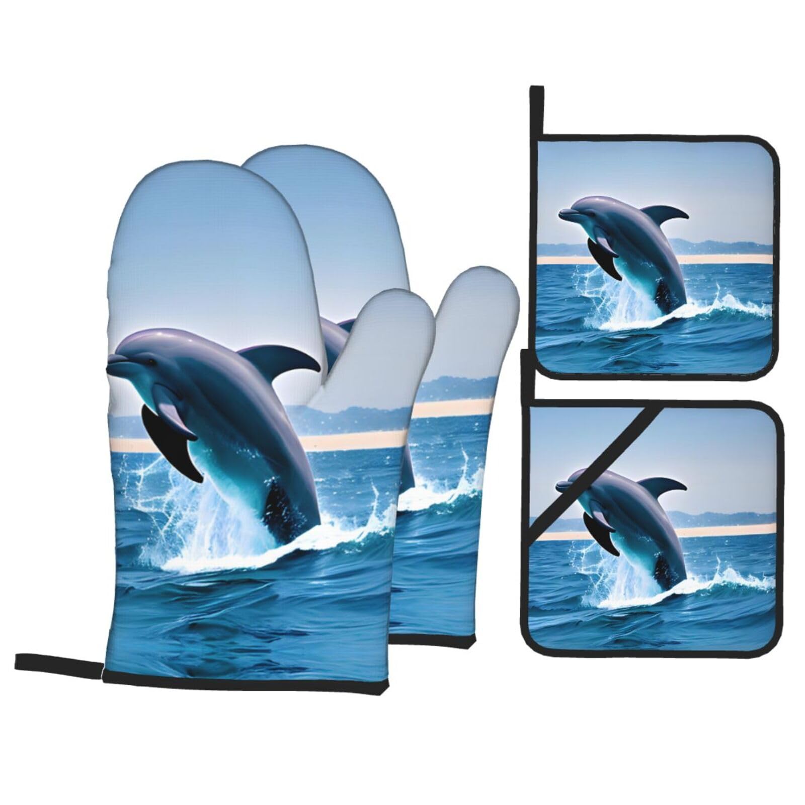 Jumping up dolphins Printed Baking 4-Piece Set, includes oven mitts and a heat-resistant mat, suitable for oven and BBQ use