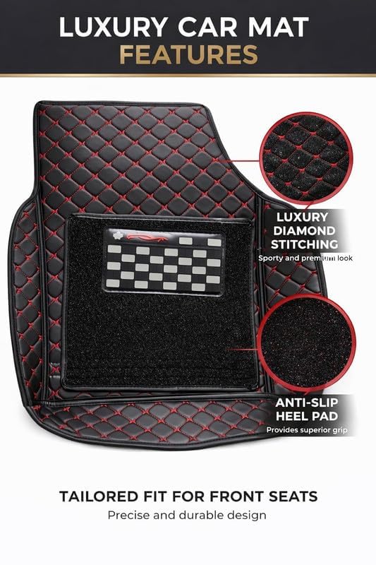 Image of Sinex Universal Fit 7D Car Floor Mat Set for Hyundai Exter 2023 | Premium Leatherette Car Foot Mats | Anti-Skid, Waterproof, Dustproof & Easy to Clean | Full Set of 4 Pieces | Black,Red