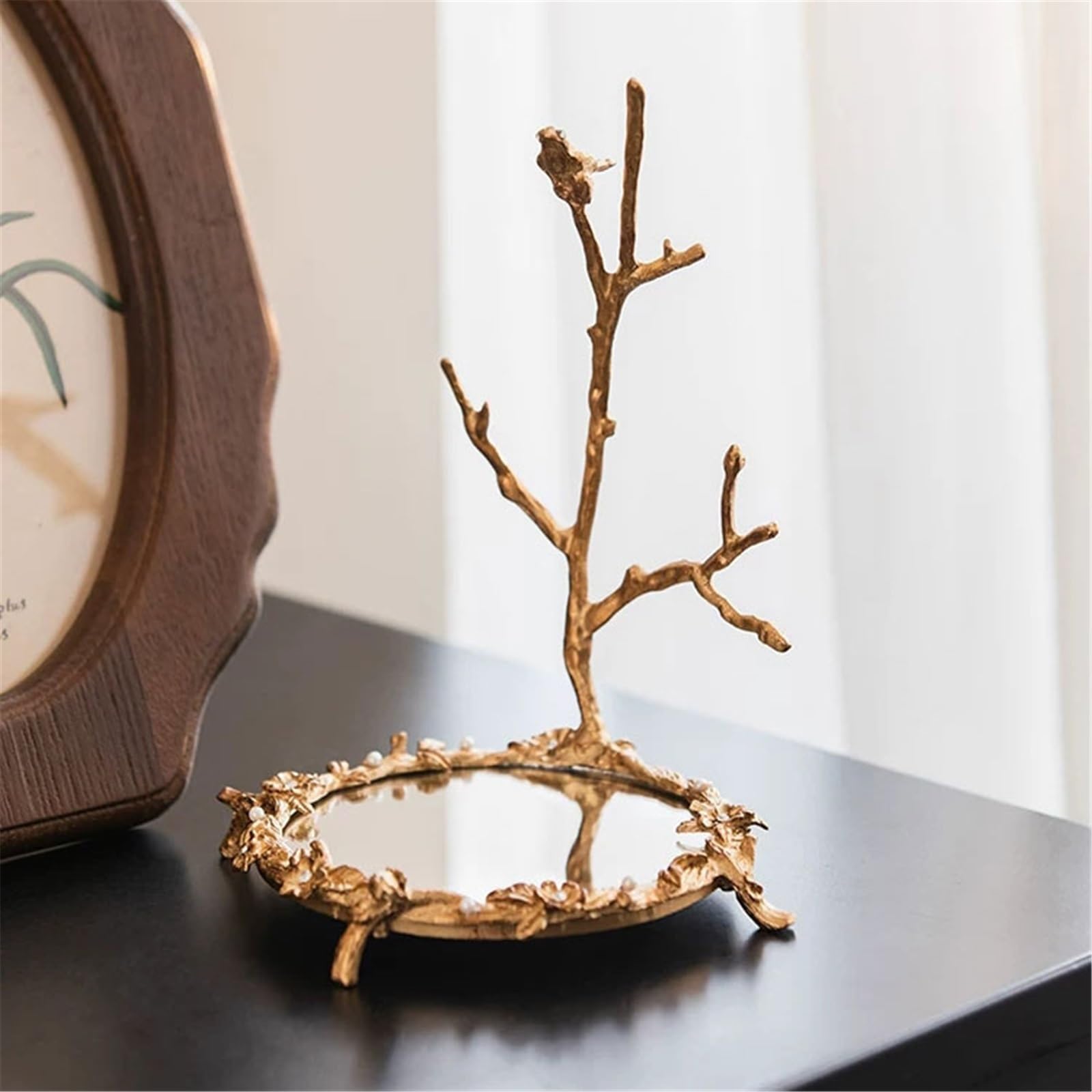 Stojak na biżuterię Vintage Golden Branch Alloy Jewelry Stand with Mirror Tray Stojak na naszyjnik