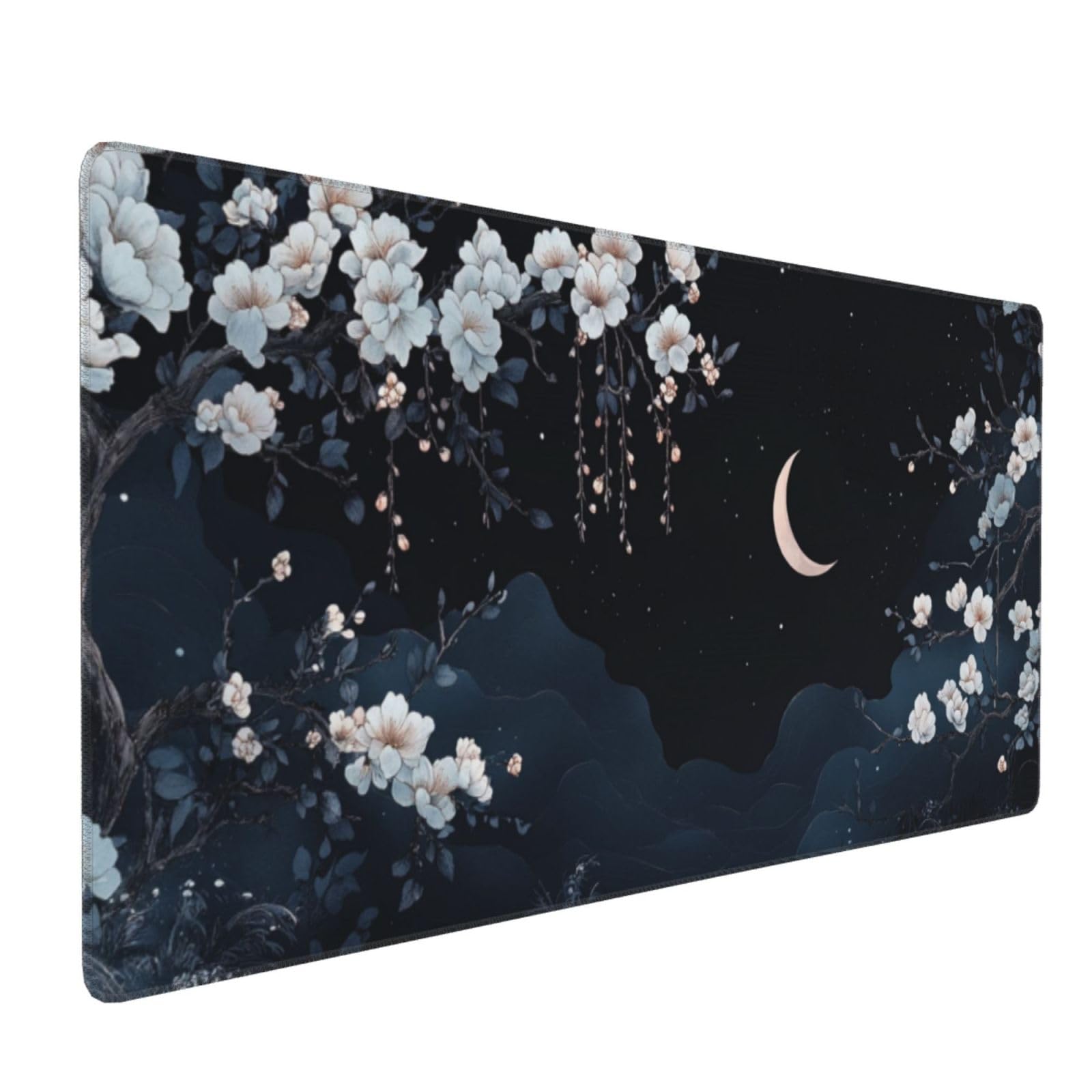 Tappetino Mouse XXL Fiori & Luna, 100 x 50 cm Tappetino da Scrivania G434 | Tappetino per Mouse, Base in Gomma Antiscivolo, Superficie Impermeabile, Bordi Cuciti, Tappetino Scrivania per Ufficio, Gioco