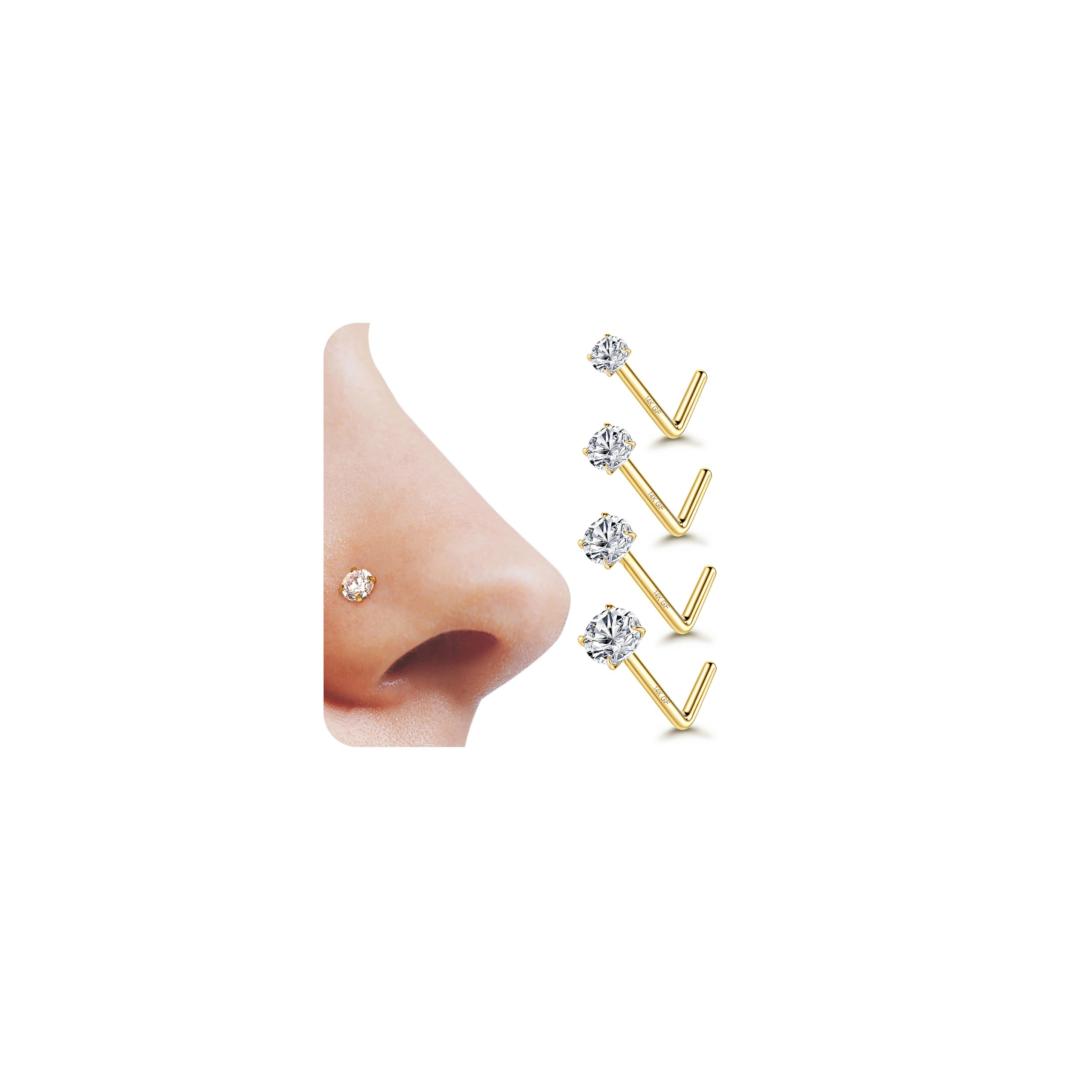 YADOCA 4 Piezas 14K Oro 20G Piercings Nariz Acero Quirúrgico Cubic Zirconia Tornillo Recto L Forma de la Nariz Stud Oro Piercings Nariz Joyería 1.5/2/2.5/3mm