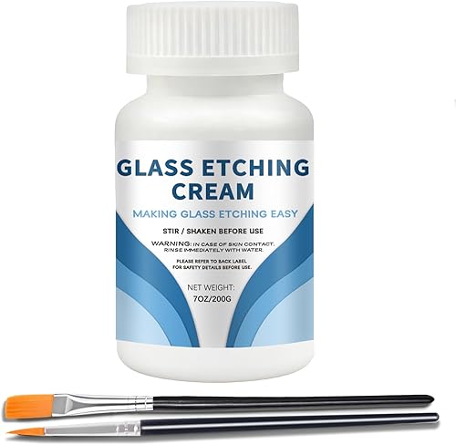 7oz Etching Cream for Glass with 2 Brushes, Glass Etching Kit Creates Permanent Etched Patterns, Frosted Etch Starter Kit, Art Mirrors Cream for