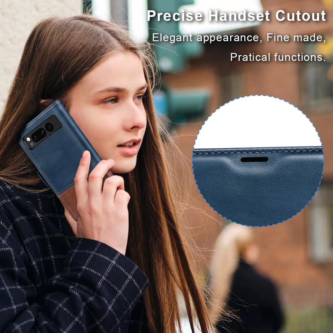 KEZiHOME Case for Google Pixel Fold, Genuine Leather [RFID Blocking] Wallet Case with Card Slots Stand Flip Phone Cover for Google Pixel Fold 5G (2023) (Royal Blue/Brown)