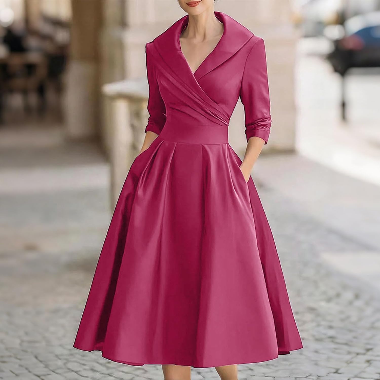 Women's Tea Length Mother of The Bride Dresses Long Sleeve Wrap V Neck Collared Formal A-Line Evening Gown with Pockets