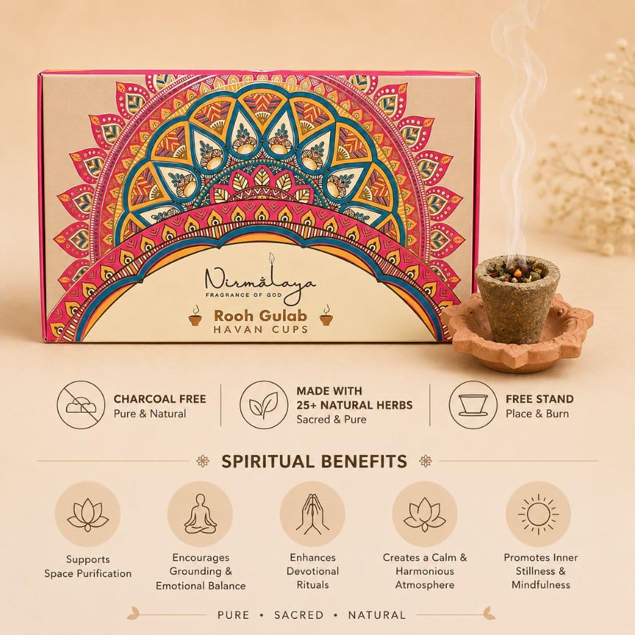 Image of Nirmalaya Premium Organic Rooh Gulab Havan Cups | Pack of 15 + Diya Stand | 25+ Natural Havan Samagri Blend of Flower Powder, Loban & Jatamansi | for Pooja, Meditation, Yoga and Aromatherapy
