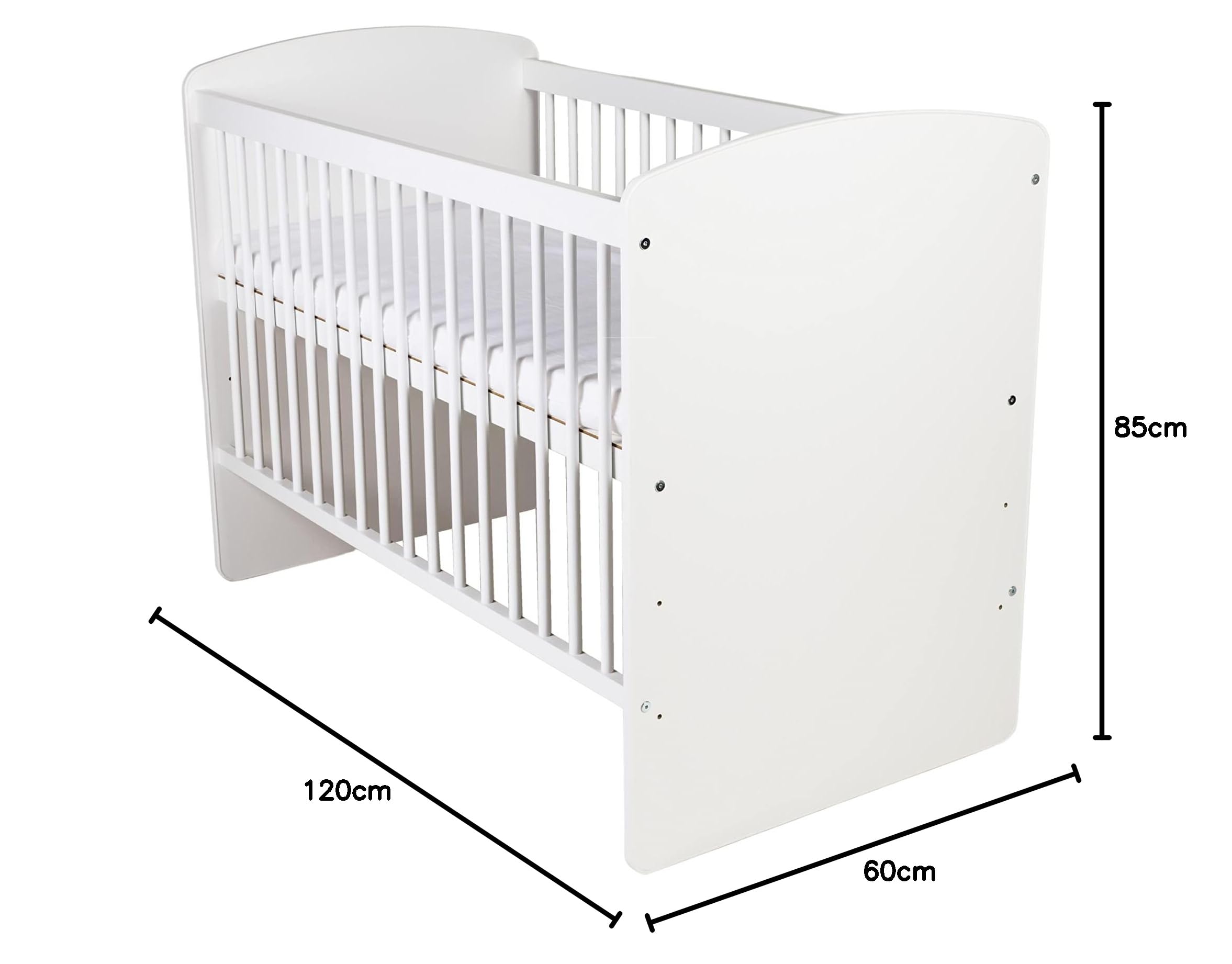 Lit Bébé K2 Blanc 120 x 60 cm avec Sommier À Lattes - Lit Bébé 3 Niveaux Réglable en Hauteur - Bois de Pin Laqué et MDF