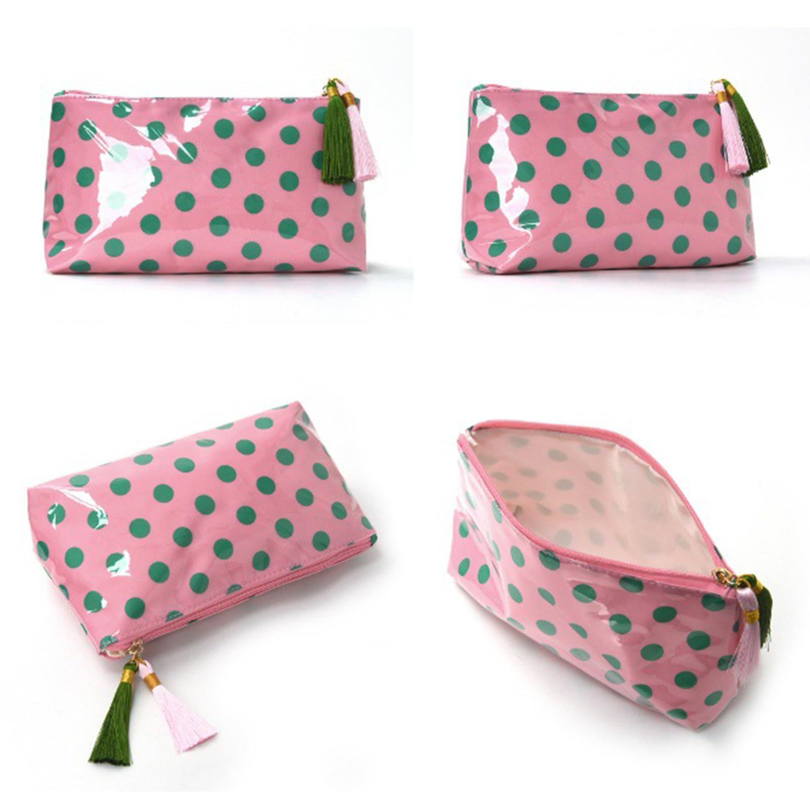 Make-up-Taschen für Damen, PVC, Retro-Motiv, gepunktet, Quaste,